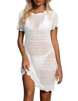 Nadeer Damen Strandkleid Gestrickte Bikini Cover Up Cutout Bademode Crochet Dress Rundausschnitt Strandponcho Sommer(Weiß,M) von Nadeer