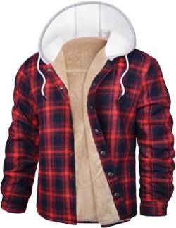 Nadeer Flanellhemd Herren Gefüttert Holzfällerjacke mit Kapuze Verdicken Kariertes Winterjacke mit Taschen Freizeit Hemdjacke(Rot-Blau,XL) von Nadeer