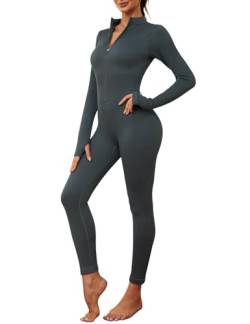 Nadeer Jumpsuit Damen Langarm Yoga Bodysuit Overall Stretch Playsuits mit Reißverschluss V-Ausschnitt Eng Sport Bodycon Strampler(Grau,L) von Nadeer