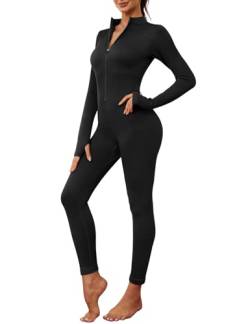 Nadeer Jumpsuit Damen Langarm Yoga Bodysuit Overall Stretch Playsuits mit Reißverschluss V-Ausschnitt Eng Sport Bodycon Strampler(Schwarz,M) von Nadeer