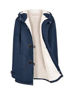 Nadeer Plüsch Jacken Für Damen Mantel Trenchcoat Kapuzenjacke Hornknöpfe Winter Parka Wollmäntel Winterjacke Fleece Hoodie Coat Kapuzen Wintermantel (Marineblau,L) von Nadeer