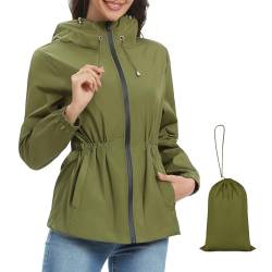 Nadeer Regenjacke Damen Wasserdicht Regenmantel mit Kapuze Dünn Leicht Atmungsaktiv Outdoorjacke Windbreaker Packbar Übergangsjacke mit Aufbewahrungstasche(Grün,XL) von Nadeer