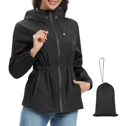 Nadeer Regenjacke Damen Wasserdicht Regenmantel mit Kapuze Dünn Leicht Atmungsaktiv Outdoorjacke Windbreaker Packbar Übergangsjacke mit Aufbewahrungstasche(Schwarz,M) von Nadeer