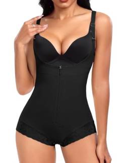 Nadeer Shapewear Damen Body Stark Formend Miederbody Fajas Formende Shaping Bodysuit mit Haken und Reißverschluss(Schwarz,S) von Nadeer