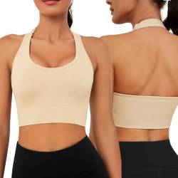 Nadeer Sport BH Rückenfrei Neckholder BH Damen Fitness Bustier Gepolstert Push Up BH Ohne Bügel mit Verstellbare Träger fur Gym Yoga(Beige,L) von Nadeer