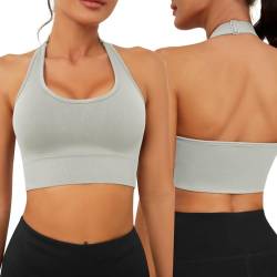 Nadeer Sport BH Rückenfrei Neckholder BH Damen Fitness Bustier Gepolstert Push Up BH Ohne Bügel mit Verstellbare Träger fur Gym Yoga(Grau,L) von Nadeer