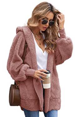 Nadeer Wintermantel Damen Strickjacken Mäntel Cardigan Warm Plüschjacke Kurzmantel Hoodie Jacke Kapuzenjacke mit Taschen Herbst Winterjacke von Nadeer