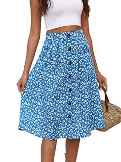 Naggoo Damen Polka Dot Midi Röcke Casual Hohe Elastische Taille A Linie Plissee Midi Chiffon Röcke mit Taschen, Blumenblau, Groß von Naggoo