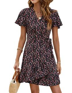 Naggoo Damen Sommer Wrap V Ausschnitt Polka Dot Print Rüschen Kurzarm Mini Floral Kleid mit Gürtel, Schwarz-Rot Blumenmuster, Mittel von Naggoo