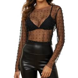 Naileksi Frauen Perlen Strass Sheer Mesh Crop Top Sexy Durchsichtig Langarm Slim Fit Cropped Bluse Shirt Clubwear, Black Pearl, Groß von Naileksi