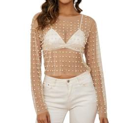 Naileksi Frauen Perlen Strass Sheer Mesh Crop Top Sexy Durchsichtig Langarm Slim Fit Cropped Bluse Shirt Clubwear, Z-braun, Groß von Naileksi