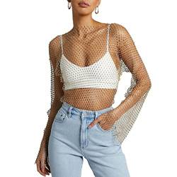 Naileksi Frauen aushöhlen Strass Mesh Top Sexy durchsichtig Langarm Sparkle Diamante Fischnetz Bluse Shirt Party, Gold, Einheitsgröße von Naileksi