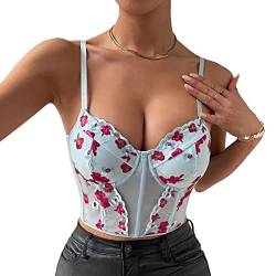 Naimo Damen Bestickte Blumen Korsett Bustier Push Up Crop Top Spaghettiträger Camisole Corsage Weste BH Tank Tops von Naimo