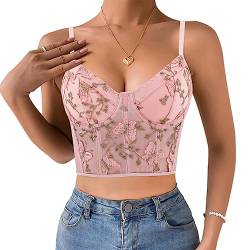 Naimo Damen Bestickte Blumen Korsett Bustier Sexy Crop Top Spaghettiträger Camisole Vintage Corsage Weste BH Tank Tops von Naimo