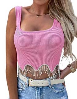 Naimo Damen Crop Top mit Strass Fransen Ärmellos Geripptes Tank Top Sexy Weste Slim Fit Cropped Oberteil von Naimo