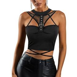 Naimo Damen Fischnetz Mesh Crop Top Sexy Cut Out Tank Top Ärmellos Bluse Y2K Top Gothic Punk Oberteil von Naimo