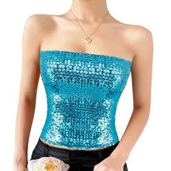 Naimo Damen Glitzer Pailletten Crop Top Ärmellos Schulterfreies Top Sexy Trägerlos Tube Top Bandeau Bustier Rave Oberteil von Naimo