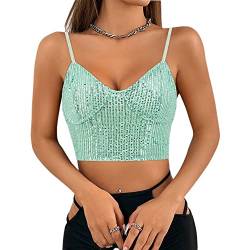 Naimo Damen Glitzer Pailletten Crop Top Ärmellos V-Ausschnitt Spaghettiträger Tank Tops Weste Party Rave Sparkle Camisole von Naimo