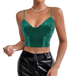 Naimo Damen Glitzer Pailletten Crop Top Ärmellos V-Ausschnitt Spaghettiträger Tank Tops Weste Party Rave Sparkle Camisole von Naimo