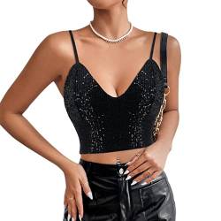 Naimo Damen Glitzer Pailletten Crop Top Ärmellos V-Ausschnitt Spaghettiträger Tank Tops Weste Party Rave Sparkle Camisole von Naimo