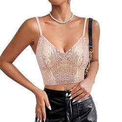 Naimo Damen Glitzer Pailletten Crop Top Ärmellos V-Ausschnitt Spaghettiträger Tank Tops Weste Party Rave Sparkle Camisole von Naimo