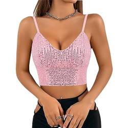 Naimo Damen Glitzer Pailletten Crop Top Ärmellos V-Ausschnitt Tank Tops Weste Sparkle Camisole Bluse Party Rave Oberteile von Naimo