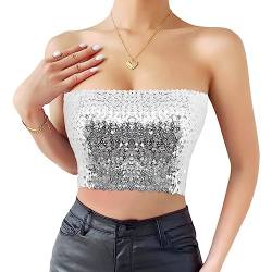 Naimo Damen Glitzer Pailletten Crop Top Schulterfreies Bandeau Tube Top Sparkle Trägerlos Tops Bluse Party Rave Oberteil von Naimo