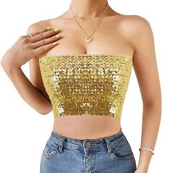 Naimo Damen Glitzer Pailletten Crop Top Schulterfreies Bandeau Tube Top Sparkle Trägerlos Tops Bluse Party Rave Oberteil von Naimo