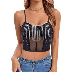 Naimo Damen Glitzer Pailletten Crop Top Strass Quaste Ärmellos Spaghettiträger Tank Trägertop Party Camisole Oberteile von Naimo