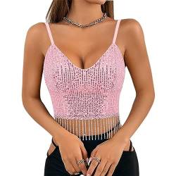 Naimo Damen Glitzer Pailletten Crop Top mit Quaste Ärmellos V-Ausschnitt Spaghettiträger Tank Tops Weste Cami Strass Fransen Oberteile von Naimo