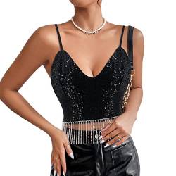 Naimo Damen Glitzer Pailletten Crop Top mit Strass Quaste Ärmellos V-Ausschnitt Spaghettiträger Tank Weste Camisole Tops von Naimo