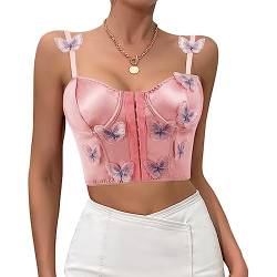 Naimo Damen Korsett Bestickt Korsett Korsetts Dünne Träger Sexy Vintage Floral Bustier Ärmelloses Tanktop Crop Top, Rosa, L von Naimo