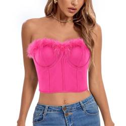 Naimo Damen Kunstfell Besatz Korsett Sexy Crop Top Ärmellos Trägerlos Tube Top Y2K Korsage Bandeau Bustier Oberteil von Naimo