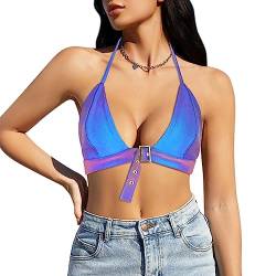 Naimo Damen Metallic BH Top Reflektierendes Crop Top Sexy Neckholder Tank Top Rückenfreies Cami Holografisches Rave Outfit von Naimo