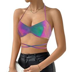 Naimo Damen Metallic Crop Top Rückenfreies Neckholder Top Criss Cross Wrap Camisole Tank Weste Holografisches Oberteil von Naimo