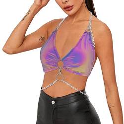 Naimo Damen Metallic Top Reflektierendes Crop Top Sexy Halfter Kette Tank Top Rückenfrei Weste Cami Holografisches Rave Outfit von Naimo