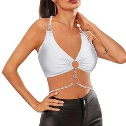 Naimo Damen Metallic Top Reflektierendes Crop Top Sexy Halfter Kette Tank Top Rückenfrei Weste Cami Holografisches Rave Outfit von Naimo