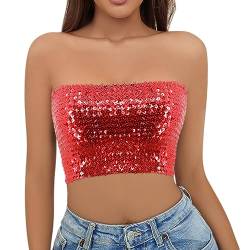 Naimo Damen Pailletten Bandeau Top Trägerlos Crop Top Sexy Meerjungfrau Party Club Top, rot, One size von Naimo