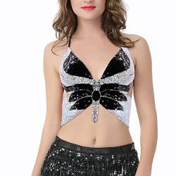 Naimo Damen Pailletten Crop Top Schmetterling Cami Sexy V-Ausschnitt Rückenfreie Schnürung Bauchtanz BH Kostüm Outfits von Naimo