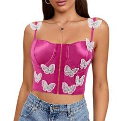 Naimo Damen Schmetterling Korsett Bustier Silk Satin Crop Top Sexy Ärmellos Spaghettiträger Tank Top Corsage Trägertop von Naimo