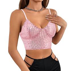 Naimo Damen Sparkle Pailletten Crop Top Ärmellos V-Ausschnitt Spaghettiträger Tank Tops Weste Party Rave Schimmer Camisole, Pink, Klein von Naimo