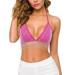 Naimo Damen Strass Crop Cami Top mit Fransen Neckholder Rückenfrei Tank Top Glitzer Party Bauchtanz BH Oberteil Kostüme von Naimo