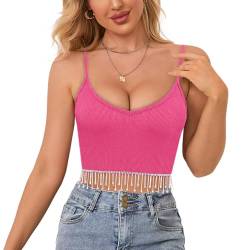 Naimo Glitzer Strass Fransen Crop Top Sexy Ärmelloses Spaghettiträger Tank Top Trägertop Gerippt Cami Oberteil mit Quaste von Naimo