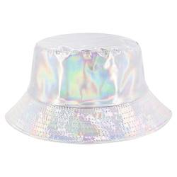 Naimo Reflektierende Fischerhüte Laser Hologramm Metallisch PU Leder Eimer Hut Wasserdicht Bucket Hat Sommer Strand Reise Sonnenhut von Naimo