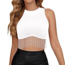 Niamo Damen Strass Quaste Crop Top Sexy Ärmellos Rundhals Tank Tops Weste Racerback Strick Cami Blouse von Naimo