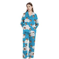 Naispanda Damen Pyjama Set Personalisiert Foto,Lang Zweiteiliger Eleganter Satin Schlafanzug Klassische Loungewear mit Knopfleiste, Benutzerdefinierte Geschenke für Frauen von Naispanda