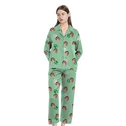 Naispanda Damen Pyjama Set Personalisiert Foto,Lang Zweiteiliger Eleganter Satin Schlafanzug Klassische Loungewear mit Knopfleiste, Benutzerdefinierte Geschenke für Frauen von Naispanda