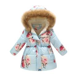 Naiyafly Winterjacke für Kinder, Mädchen, mit Kapuze, Blumendruck, leichte Daunen, Winddicht, dick, warm, Pufferjacke, Oberbekleidung von Naiyafly