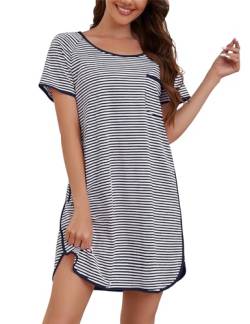 Namatime Nachthemd Damen Kurzarm Baumwolle Schlafshirt Gemütlich Streifen Nachthemden Sleepshirt Knielang Nachtwäsche Negligee für Sommer PAT2 L von Namatime