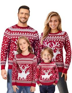 Namatime Weihnachtspullover Kinder Mädchen Rundhals Strickpullover Weihnachten Pullover Reindeer Christmas Sweater Unisex Familie Set Kind-Rot 4 Jahre von Namatime